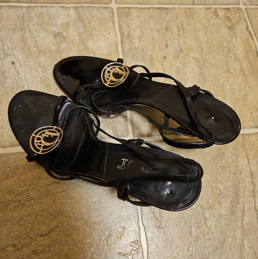 Black Patent Leather Strappy Sandals with Gold Emblem